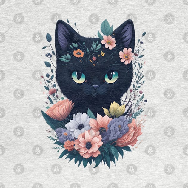 Charming Black Cat with Flowers by Stylish Dzign